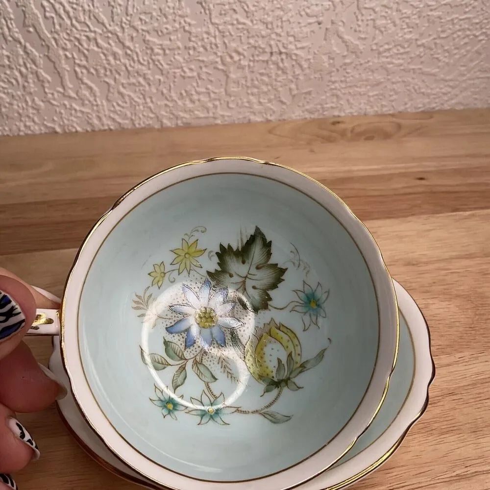 VTG Paragon Double Warrant TeaCup/Saucer Mint green/Dogwood‎ Gold Trim England